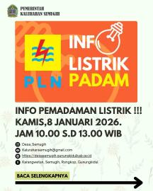 INFO PEMADAMAN LISTRIK !!! KAMIS,8 JANUARI 2026. JAM 10.00 S.D 13.00 WIB